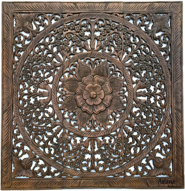Large Floral Wood Carved Wall Panels. Asian Wood Wall Decor Plaque. Brown, 36"