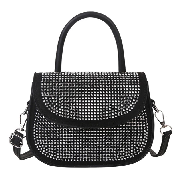 Women PU Leather Shoulder Bag Rhinestone Small Crossbody Handbag (Silver)