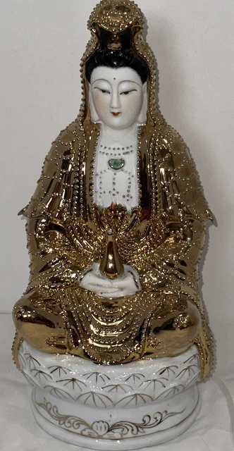 Vintage Kwan Yin (Goddess of Mercy) 13.5” Porcelain Statue With Gold Accents