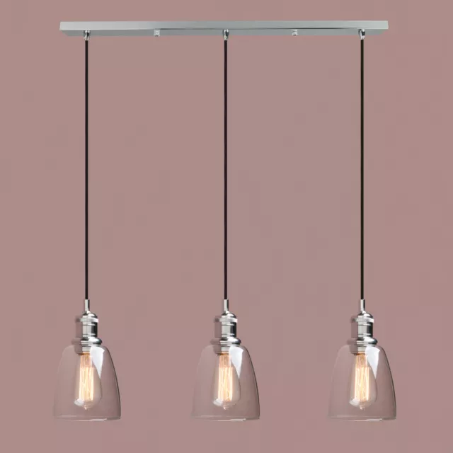 Retro Industrial Cluster of 3 Hanging Pendant Light Bell Glass Shade Ceiling Bar