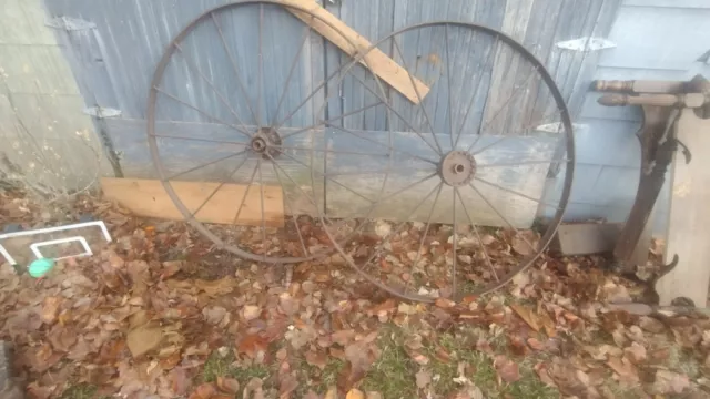 VINTAGE ANTIQUE Iron Wagon Implement Wheels (Pair) 54" 16 Spokes