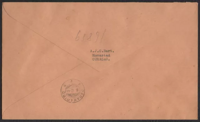 CURACAO 1943, War Prisoner Registered FDC Cover to Suriname, Sc CB9/12 Mi 208/11 2