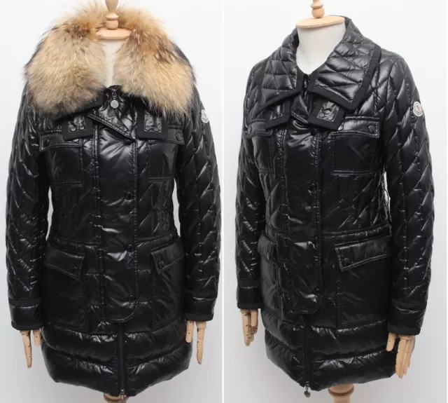 Women's MONCLER Safran Black Down Puffer Jacket Coat Long Fur Trim RARE fits S