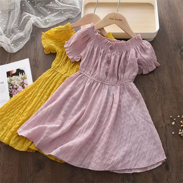 Kids Baby Children Girls Off Shoulder Ruched Solid Princess Dresses Clothes