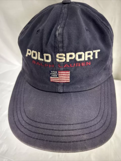 VTG POLO SPORT Ralph Lauren Flag Navy Blue Strapback Buckle Hat Cap Made in USA 2