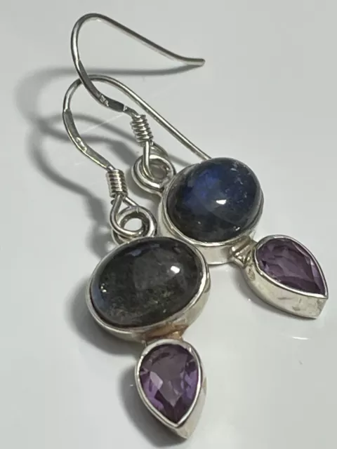 Vintage sterling silver '925' & moonstone/amethyst droplet dangly drop earrings