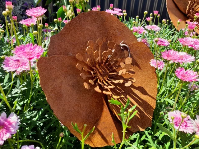 Poppy Flower Garden Stake - Australian Made Rusted Metal Garden Art