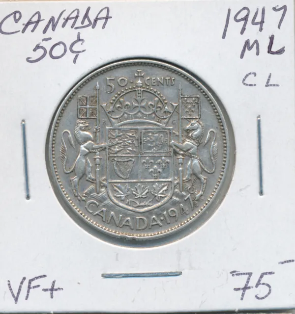 Canada George VI Silver 50 Cents 1947 Maple Leaf CL - VF+