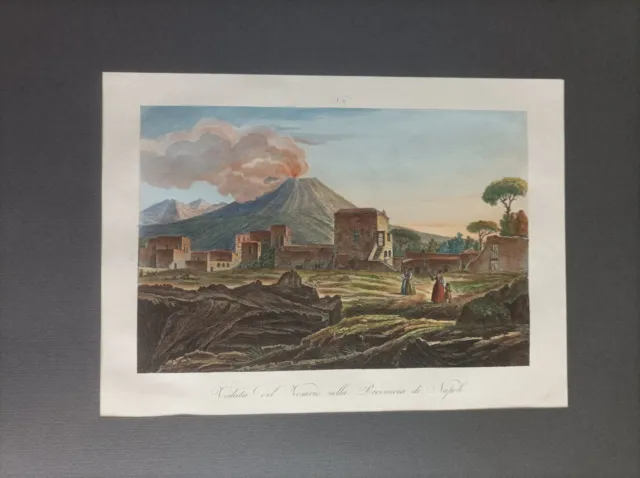 1845 ca. Veduta Del Vesuvio Napoli di Manzoni Acquaforte Acquerellata