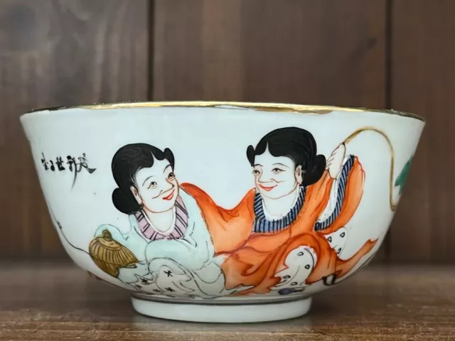 Antique Chinese Republic Qianjiang Porcelain Tea Bowl Hand Painted  He-He Twins