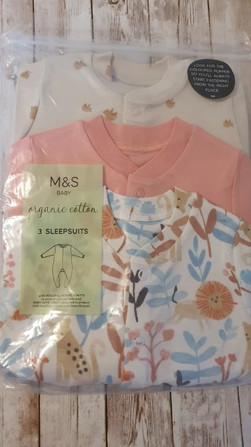 M&S Pack Of 3 x Baby Sleepsuits age 0 - 3 months Ivory Mix BNIP