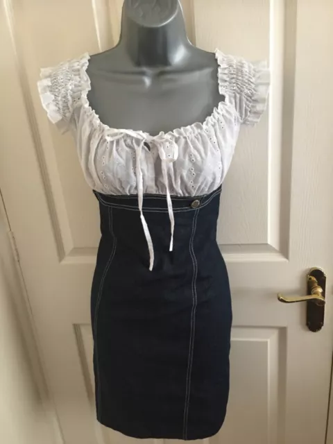 Jane Norman vintage Y2K white broderie anglais blue denim milkmaid dress size 10