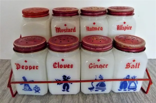 VINTAGE SET OF 8 MILK GLASS DUTCH SPICE JARS AND WIRE STAND 1 different jar