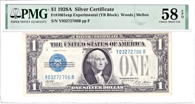 1928-A $1 Silver Certificate Experimental YB Block PMG 58EPQ #Y03272706B