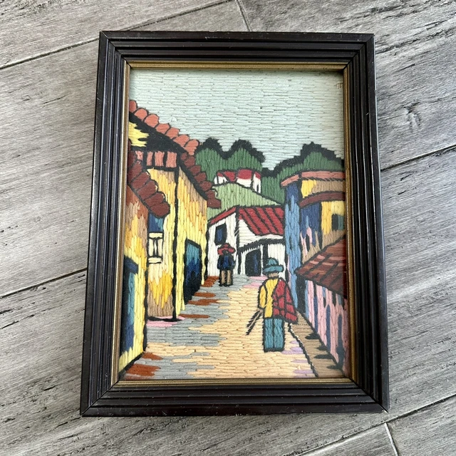 Hilo de Colección Enmarcado Crewel Bordado Hilo Pared Arte Popular Calle Mexicana Pueblo Ciudad 8x6