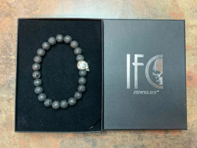 Bracelet perles pierre de lave crane argent 925 homme/femme taille au choix