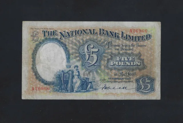 Ireland Northern National Bank Limited 5 Pounds 1937 P-156 VERY FINE