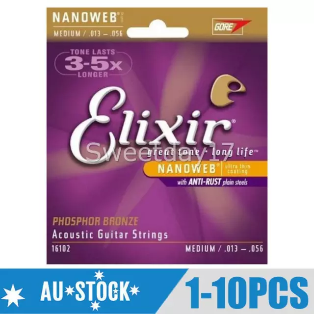 1-10X Elixir 16102 Acoustic Guitar Strings Nanoweb Medium 13-56 Phosphor Bronze