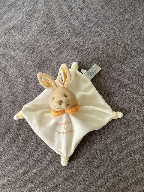 O/ Doudou lapin blanc et orange, Doudou et compagnie (cie) Plat Carré Tissu Rayé