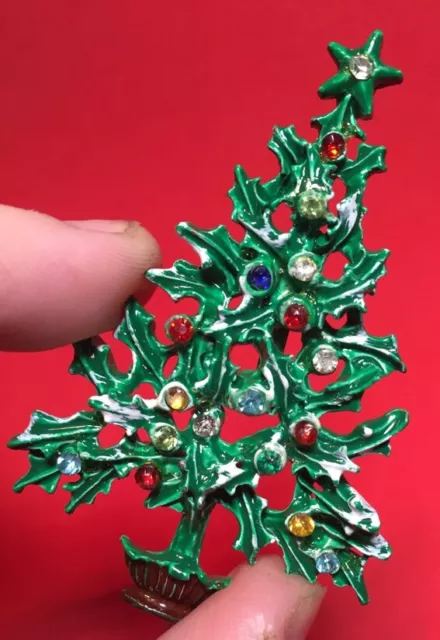 Vintage Christmas Tree Enamel Brooch & Earring Set Antique Pin Rhinestones Xmas 3