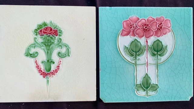 5 antique English Art Nouveau tiles 2 T & R Boote, 3 unknown mfg, all tubelined 2