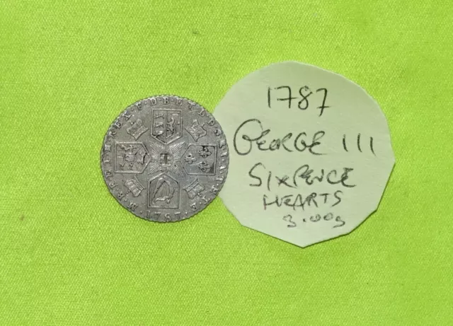 1787 Silver SIXPENCE Coin GEORGE III (1760 - 1820) 3.00 grams ESC1629 (hearts)