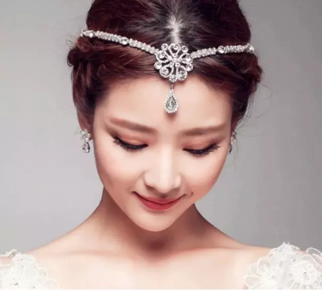 Bridal Wedding Tiara Headpiece Elven Rhinestone Pearl Crystal Forehead Headband