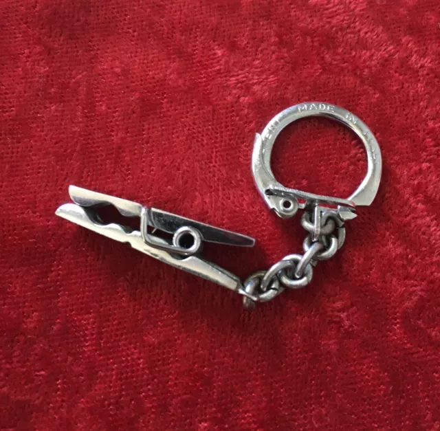 Vintage Keychain MINI CLOTHESPIN Silver Tone Metal Fob KEY RING MADE IN ITALY