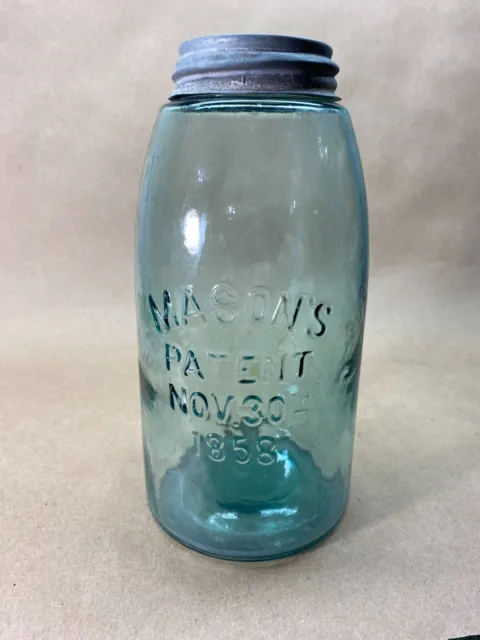 Vintage Zinc Lid Atlas Mason Jar Half-Gallon Blue glass 1858 No Mold Mark