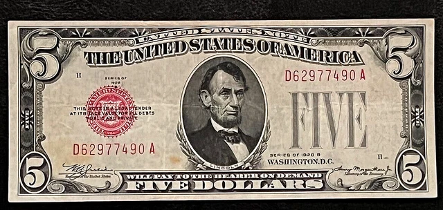 1928 B $5 Five Dollar Bill, Red Seal United States Note, D62977490A, Circ