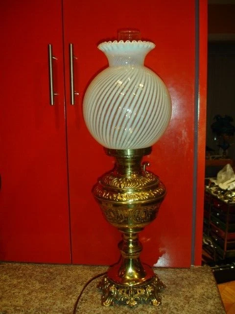 Fenton French Swirl Opalescent Gold Brass Old Lamp, Perfect