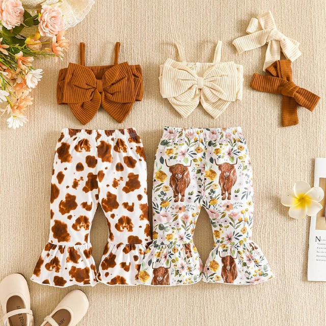 Infant Sleeveless Bowknot Tops Vest Leopard Prints Bell Bottoms Pants Outfits J4