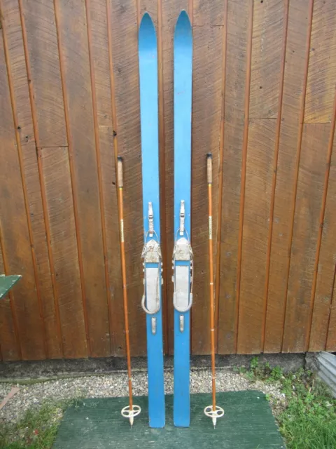 BEAUTIFUL Vintage Wooden 79" Snow Skis Old BLUE Finish + Cable Bindings + Poles