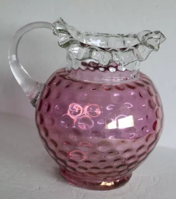 Vtg Fenton? Cranberry Pitcher Inverted Bubble Glass w/Clear Ruffled Top & Handle