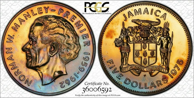 1975 Jamaica Five Silver Dollars Pcgs Pl65 Blue And Yellow Color Toning!