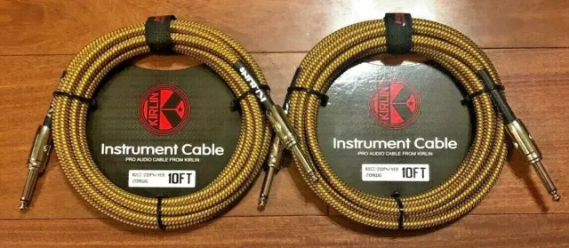 2-Pack Kirlin 10 ft 1/4" Yel/Blk Woven Guitar/Bass Cables PLUS Free Cable Ties