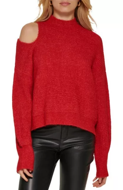 DKNY Women's Ribbed Cold Shoulder Sweater Scarlet Size L New