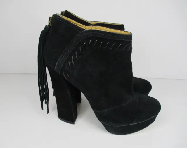 Nine West Womens Bootie Voyage Shoes Size 9.5M Black Suede Fringe 5 in. Heels