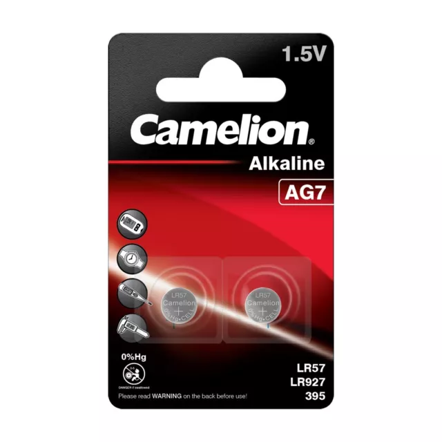 2x CAMELION Alkaline AG7 / LR57 / LR927 / 395 / BP2 Knopfzelle Batterien