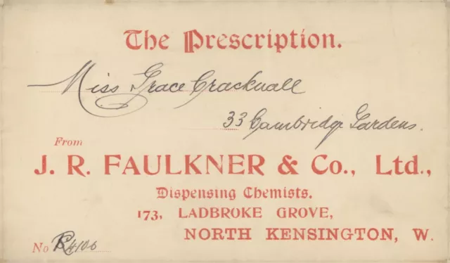Antique Prescription Envelope J R Faulkner Chemist  Kensington to miss cracknall