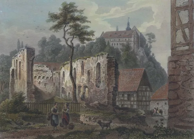 HERZBERG am Harz - Ruine Bartholomäuskirche & Schloss - kol. Stahlstich um 1860