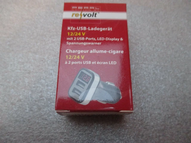 Kfz-USB-Ladegerät 12/24 Volt mit 2 USB-Ports, LED Display & Spannungswarner OVP 