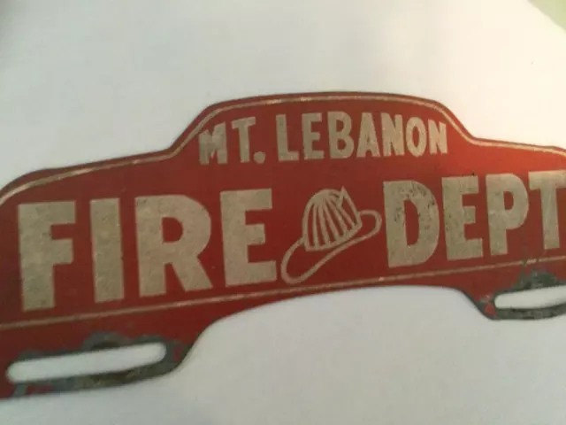 Vintage Mt Lebanon Fire Department License Plate topper fire helmet advertising