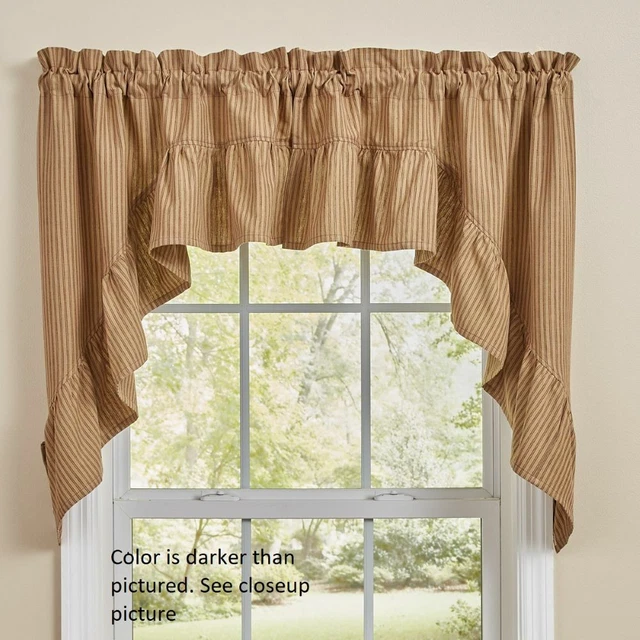 Wine Sturbridge Striped Swag Curtains Primitive Ticking Ruffle Border 72Wx36L