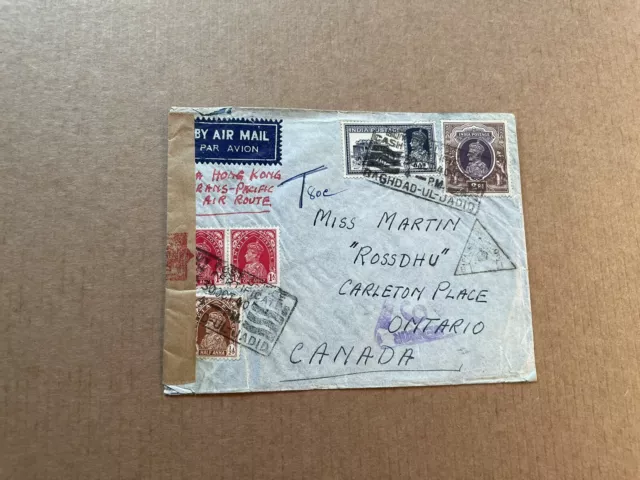 India WWII Censor Cover to Canada +Hong Kong Censor +Trans-Pacific +Bagdad Chop