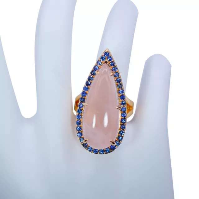 Meher's Jewel Rose Vermeil Pear Shaped Rose Quartz & Blue Sapphire Gemstone Ring