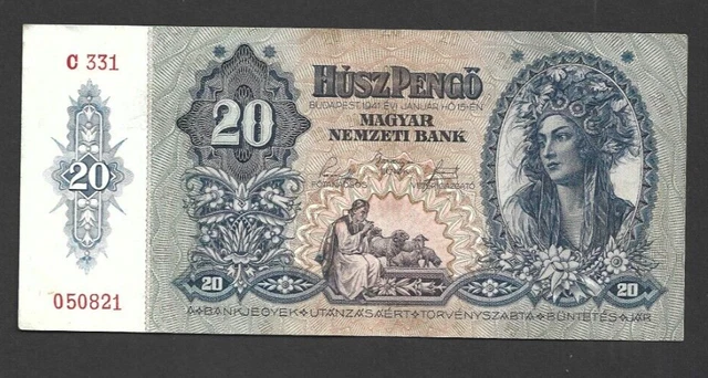 20 Pengo Very Fine  Banknote From Hungary 1941  Pick-109