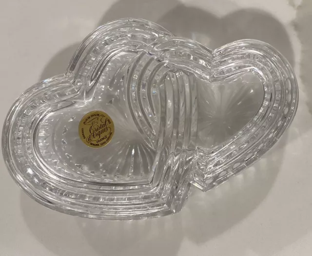 Cristal D'Arques Double Heart Candy Dish Trinket Box Jewelry Box 6" X4" NEW