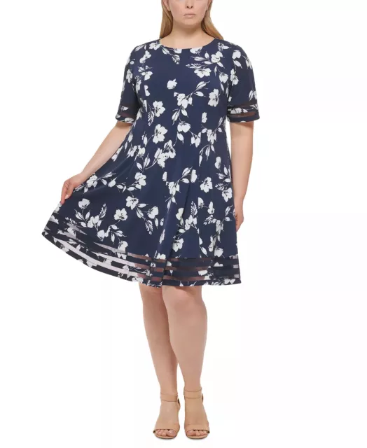 JESSICA HOWARD Fit & Flare Dress Plus Size 22W Navy Ivory Floral Mesh Trim NWT