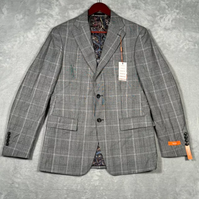 Tallia Jacket Mens 38R Black White Glen Plaid Wool Blend Blazer Stretch NWT $425